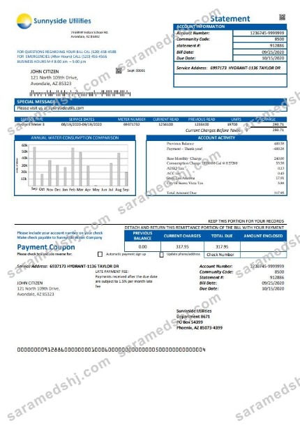 USA Washington Sunnyside Utilities water utility bill template in Word and PDF format